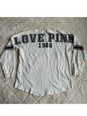 Victoria's Secret PINK | FLAWED White & Black Varsity Crew Sweater | Size Medium